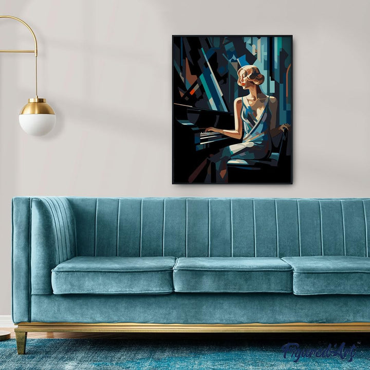 Figured'Art Malen Nach Zahlen Erwachsene Mit Rahmen Art-Deco-Frau am Klavier - Paint by Numbers Bast
