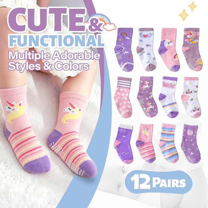 ANTSANG 12 Paare Stoppersocken Kinder Baby Mädchen Socken Anti Rutsch / Rutschfeste Socken Baumwolle