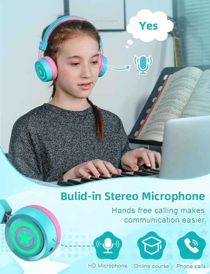 riyo Bluetooth Kopfhörer Kinder, Kinderkopfhörer Kabellos mit LED-Leuchten Bluetooth 5.0 Kinder Kopf