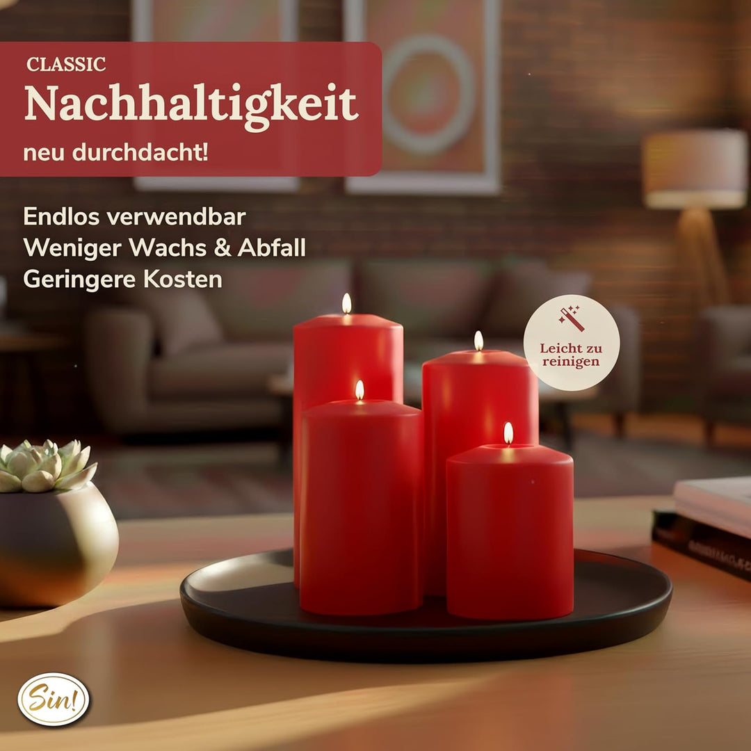 Sin!® 1x Teelichthalter & Dauerkerze Classic ROT ∅ 8cm Höhe 12cm Seidenglanz - Die Kerze die Nicht s