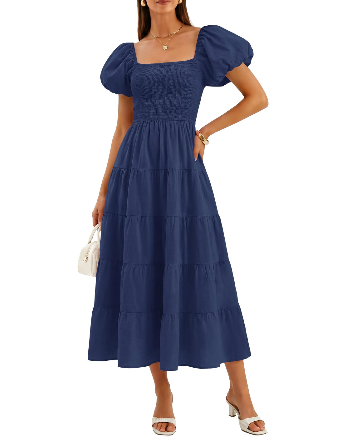ZESICA Damen-Sommerkleid, eckiger Ausschnitt, Kurze Puffärmel, einfarbig, hohe Taille, lässig, flies