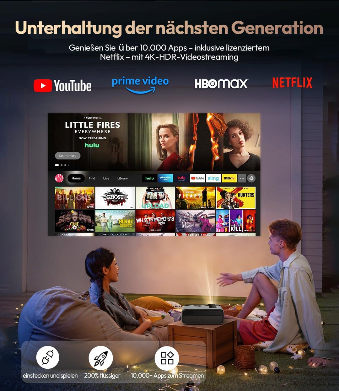4K Beamer 2400 ANSI Lumen, Tageslichttauglich, Netflix Zertifiziert, Smart-Beamer für Heimkino mit A