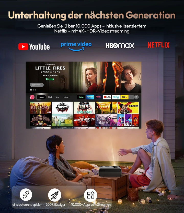 4K Beamer 2400 ANSI Lumen, Tageslichttauglich, Netflix Zertifiziert, Smart-Beamer für Heimkino mit A