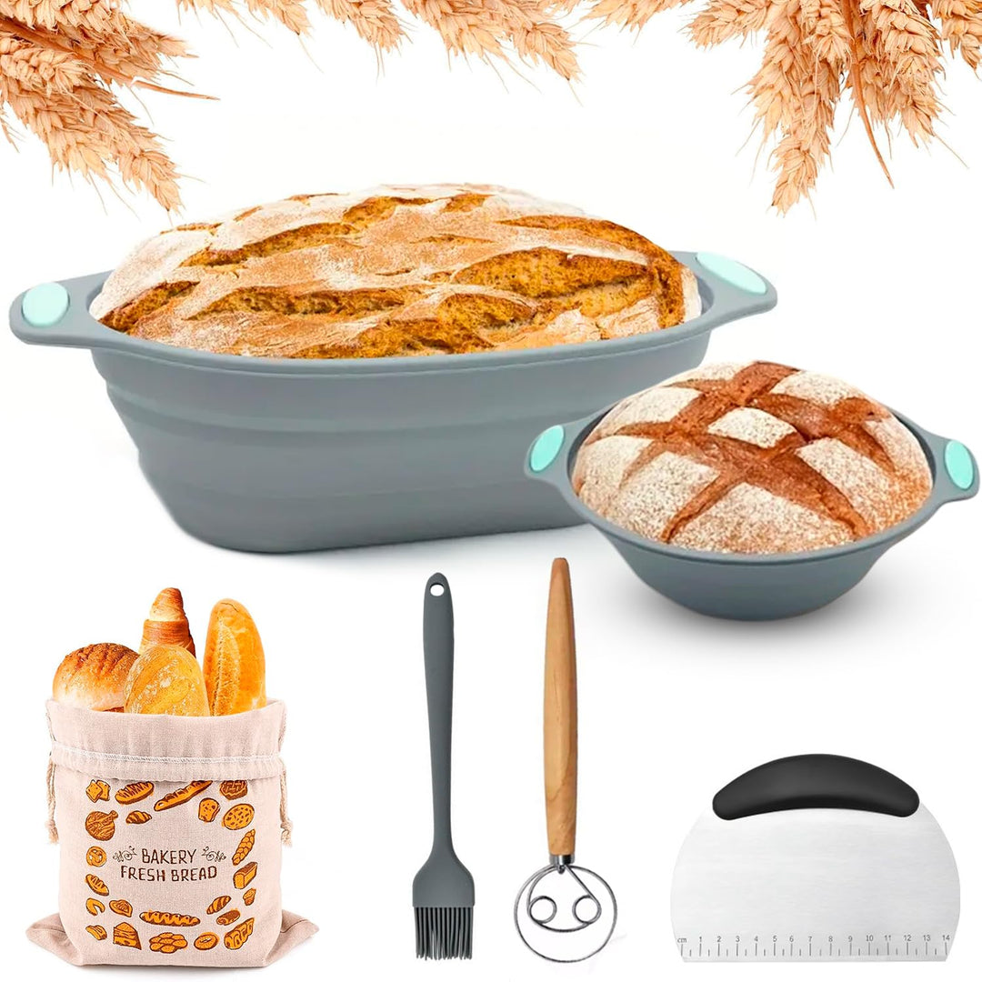 Professionelles Brotbackset aus Silikon – 2 faltbare & waschbare Gärkörbchen (rund & oval) mit Zubeh