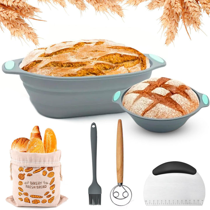 Professionelles Brotbackset aus Silikon – 2 faltbare & waschbare Gärkörbchen (rund & oval) mit Zubeh
