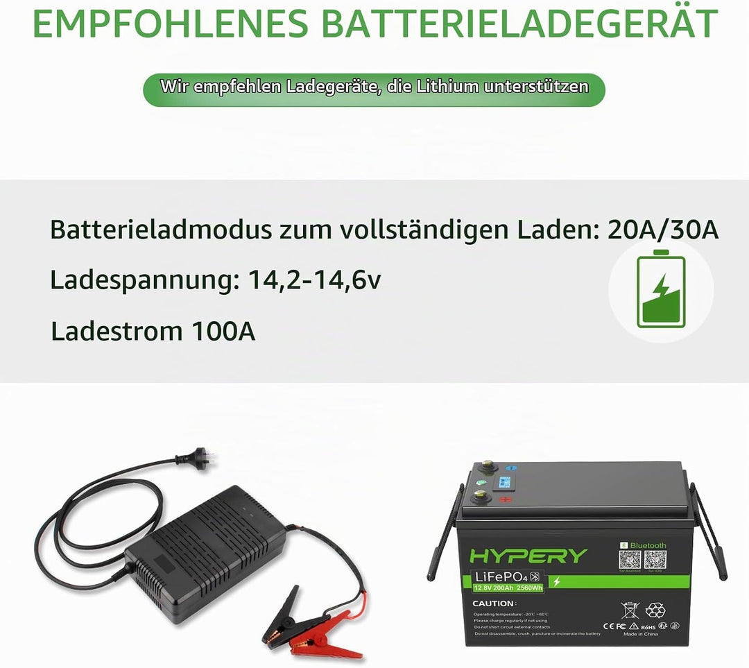 HYPERY LiFePO4 Akku, Smart 12V 200AH Lithium Batterie mit Bluetooth zur Überwachung der Batterie SOC