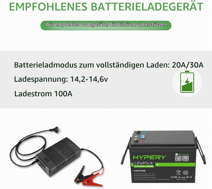 HYPERY LiFePO4 Akku, Smart 12V 200AH Lithium Batterie mit Bluetooth zur Überwachung der Batterie SOC