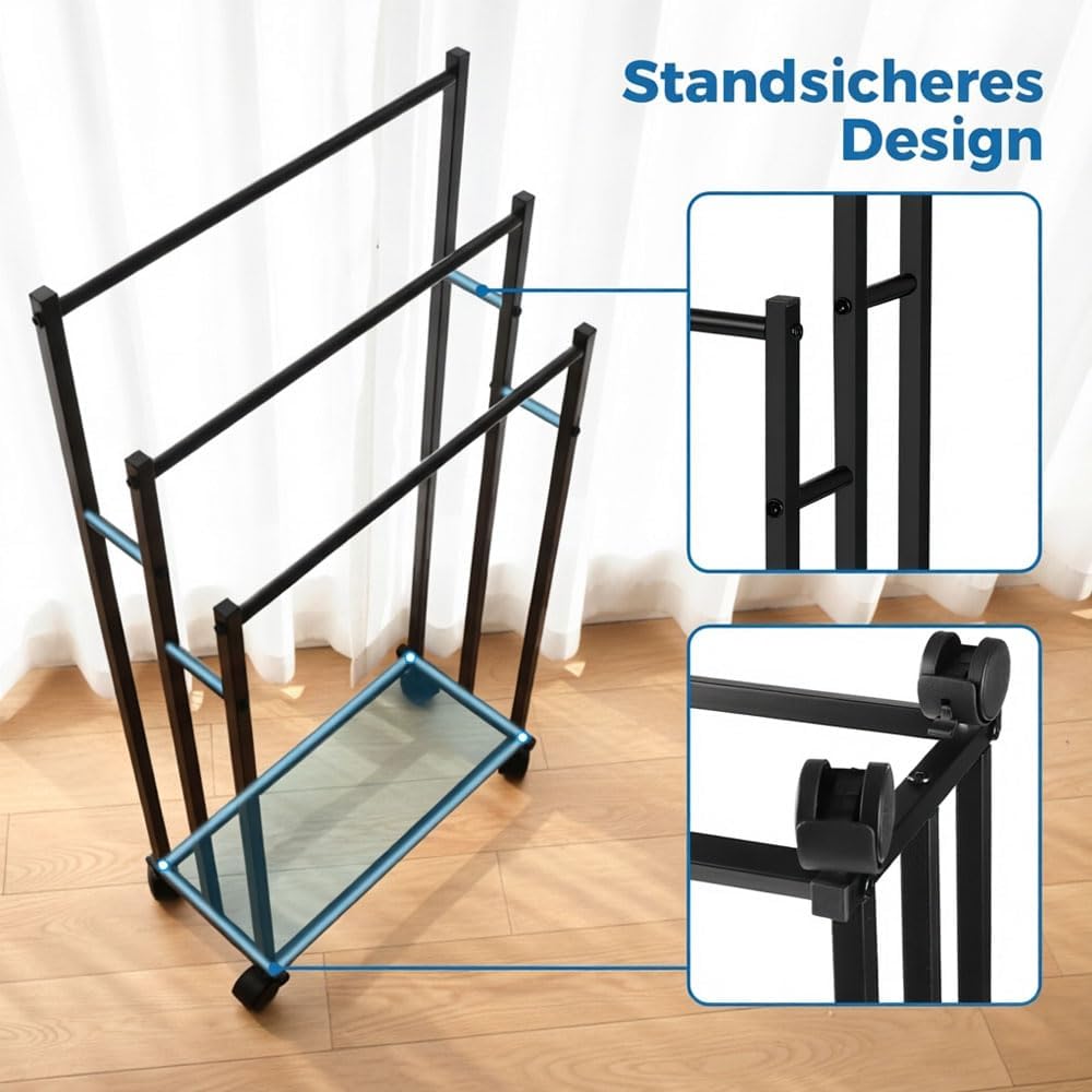Handtuchhalter Stehend, Handtuchständer, Badetuchhalter mit 3 Stangen | Kohlenstoffstahl Standhandtu