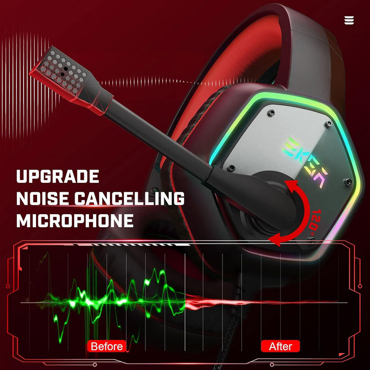 EKSA Gaming Headset, PC Headset mit Mikrofon 7.1 Surround Sound & RGB Lichter, Kopfhörer mit Kabel R