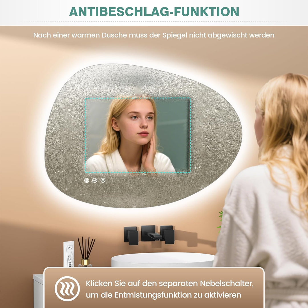 Asymmetrischer Spiegel mit LED-Beleuchtung, 65x50cm, ohne Rahmen, mit Touch-Schalter, Antibeschlag,