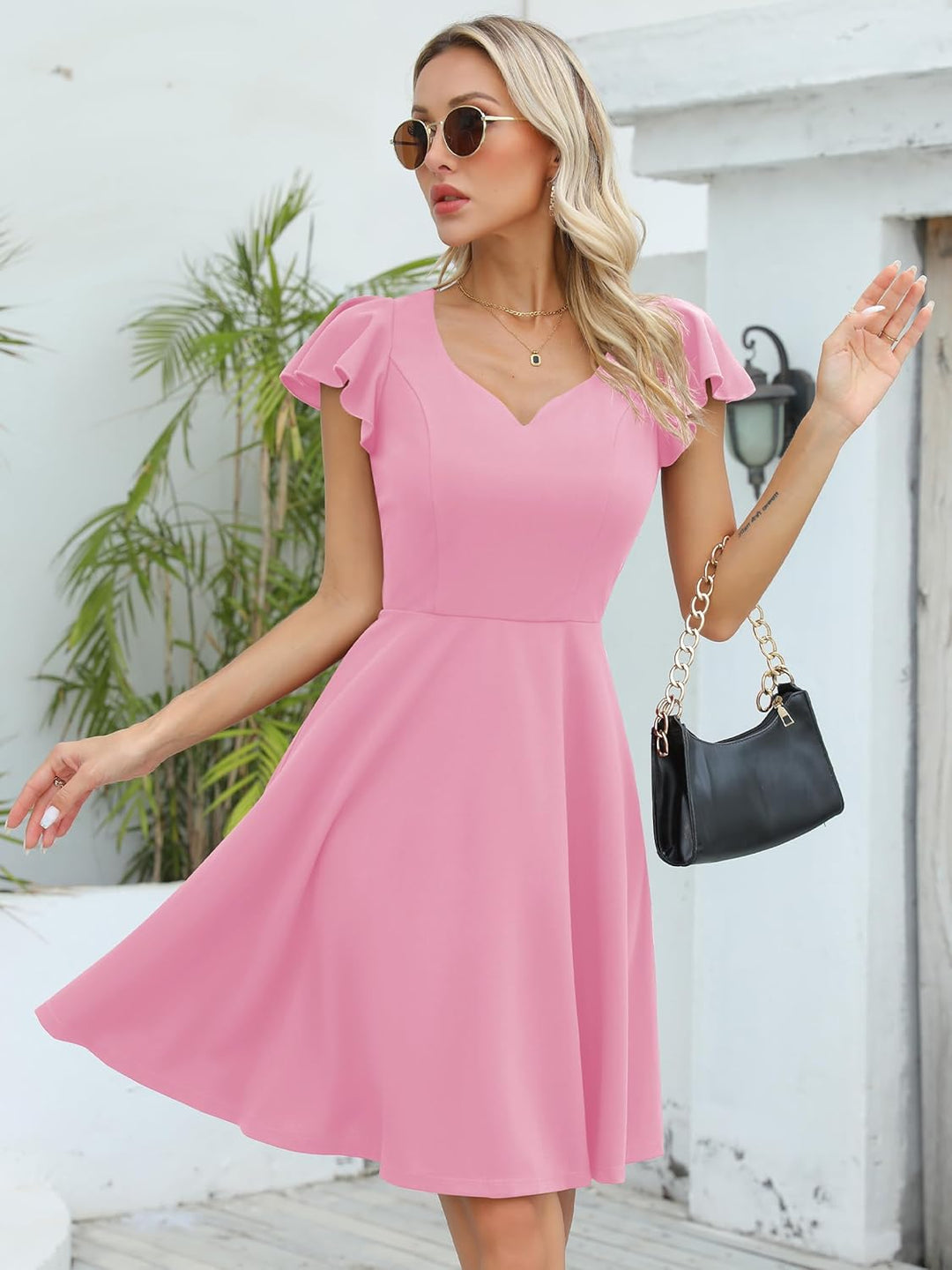 Missufe Damen Cocktailkleid Elegant Vintage Minikleid Kurz A-Linie Herzausschnitt Kleider Hellrosa X