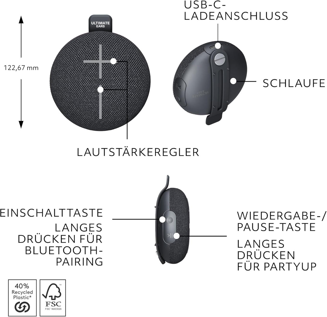 ULTIMATE EARS MINIROLL Ultraportabler wasserdichter Bluetooth-Lautsprecher, starker Bass, staubdicht