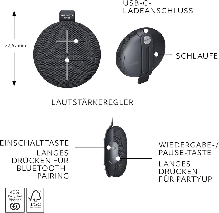 ULTIMATE EARS MINIROLL Ultraportabler wasserdichter Bluetooth-Lautsprecher, starker Bass, staubdicht
