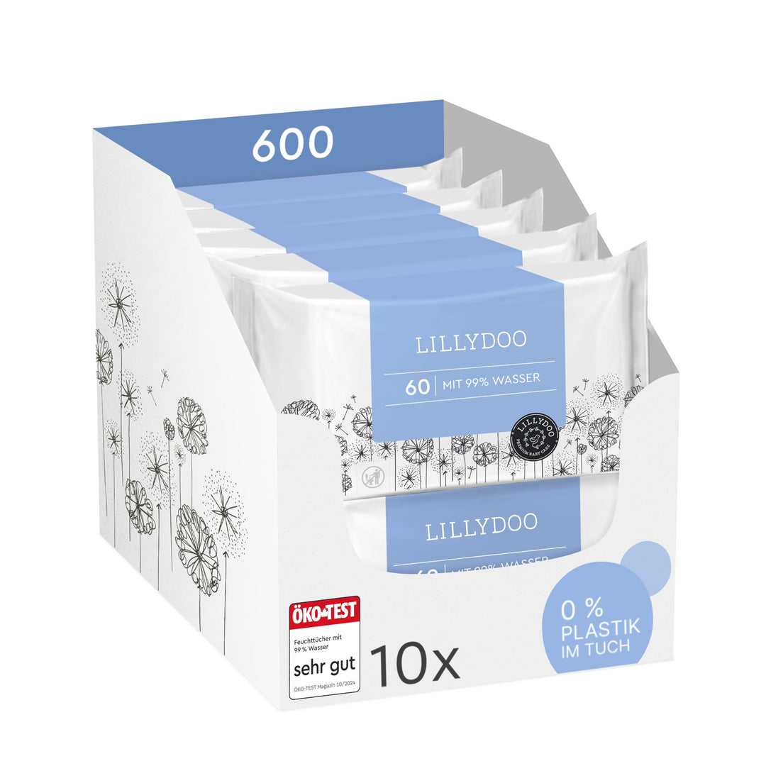LILLYDOO Baby Feuchttücher mit 99% Wasser, 10 x 60 Stück (600 Feuchttücher), 100% plastikfreies Tuch