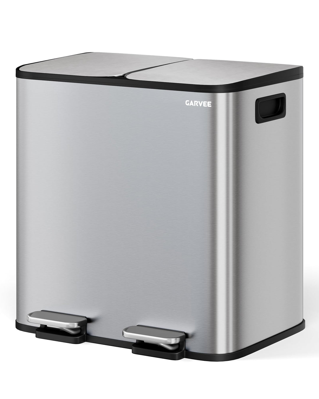 GarveeHome Mülleimer Küche, 2 x 15 L, Mülltrennsystem 2 Fächer, Edelstahl-Tretmülleimer mit Seitlich