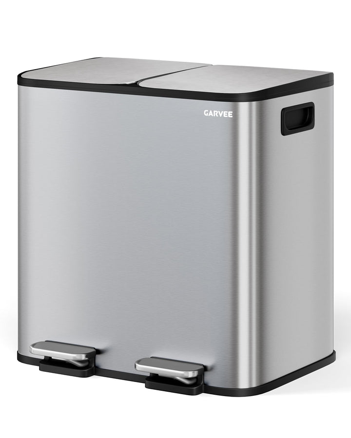 GarveeHome Mülleimer Küche, 2 x 15 L, Mülltrennsystem 2 Fächer, Edelstahl-Tretmülleimer mit Seitlich