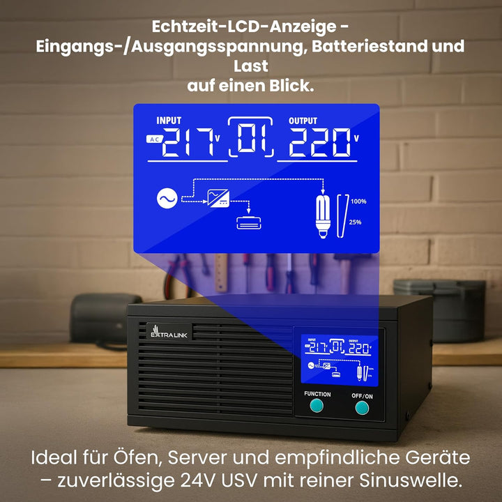 Extralink Notstromversorgung UPS 1500VA/1200W Wechselrichter Reiner Sinus Pro 24VDC USV Inverter Int