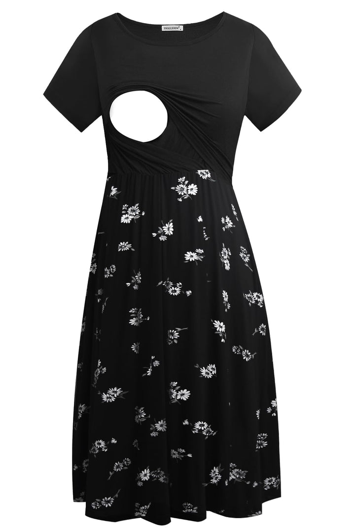 Smallshow Damen Lässiges Kurzarm Stillkleid Umstandskleid für Stillen, Schwarz-svp121 S
