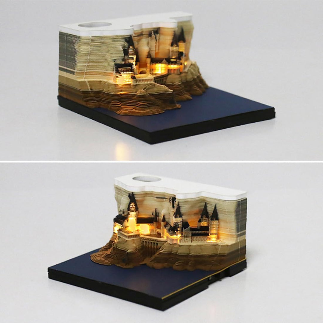 3D-Notizblock, 2024 Tischkalender-Notizblock, 3D-Magic Castle-Wochenkalender mit Licht und Stifthalt