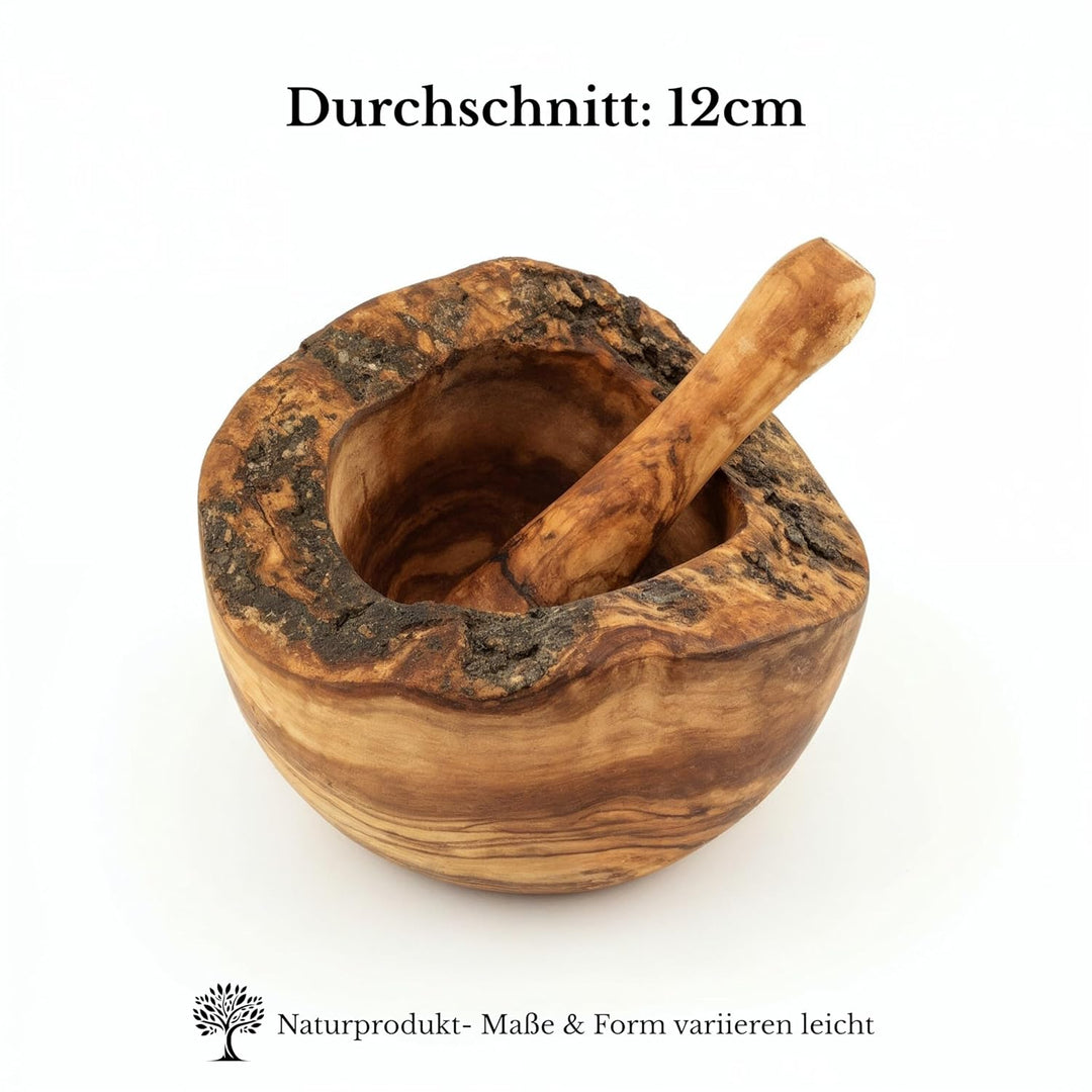 FiguraSanta Mörser rustikal aus Olivenholz mit Stössel - Handgefertigter Gewürz- & Kräutermörser - H