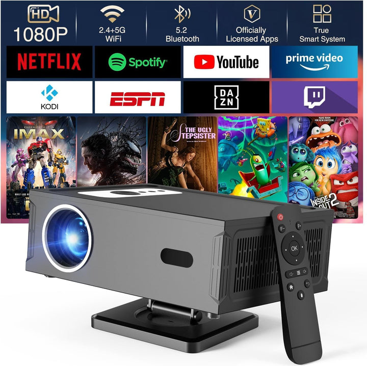 Smart Beamer Full HD 1080P Unterstützt 4K, Projektor 4K mit WiFi 6 BT 5.0 und 360° Abnehmbarer Ständ