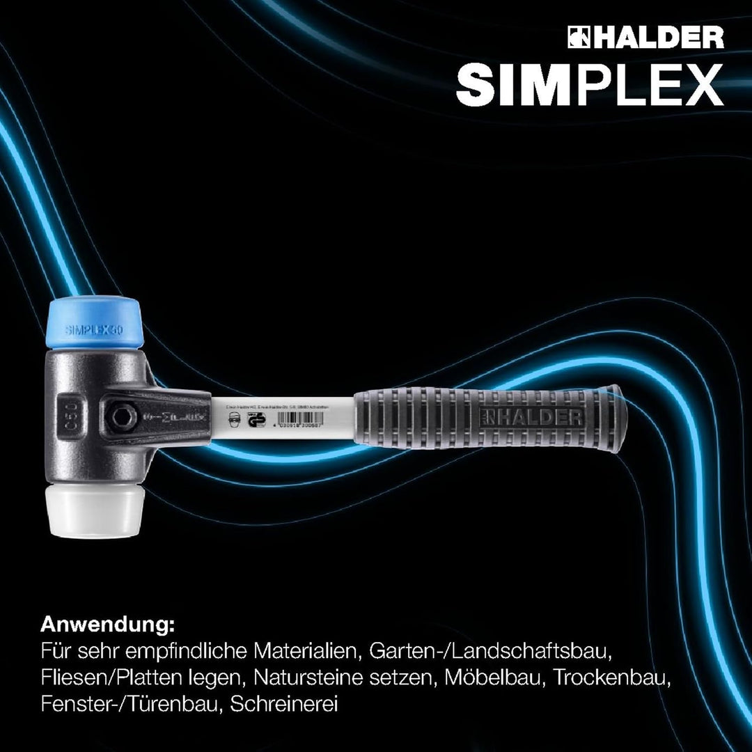 SIMPLEX-Schonhammer, TPE-soft/Superplastik; mit verstärktem Tempergussgehäuse und Fiberglasstiel | D