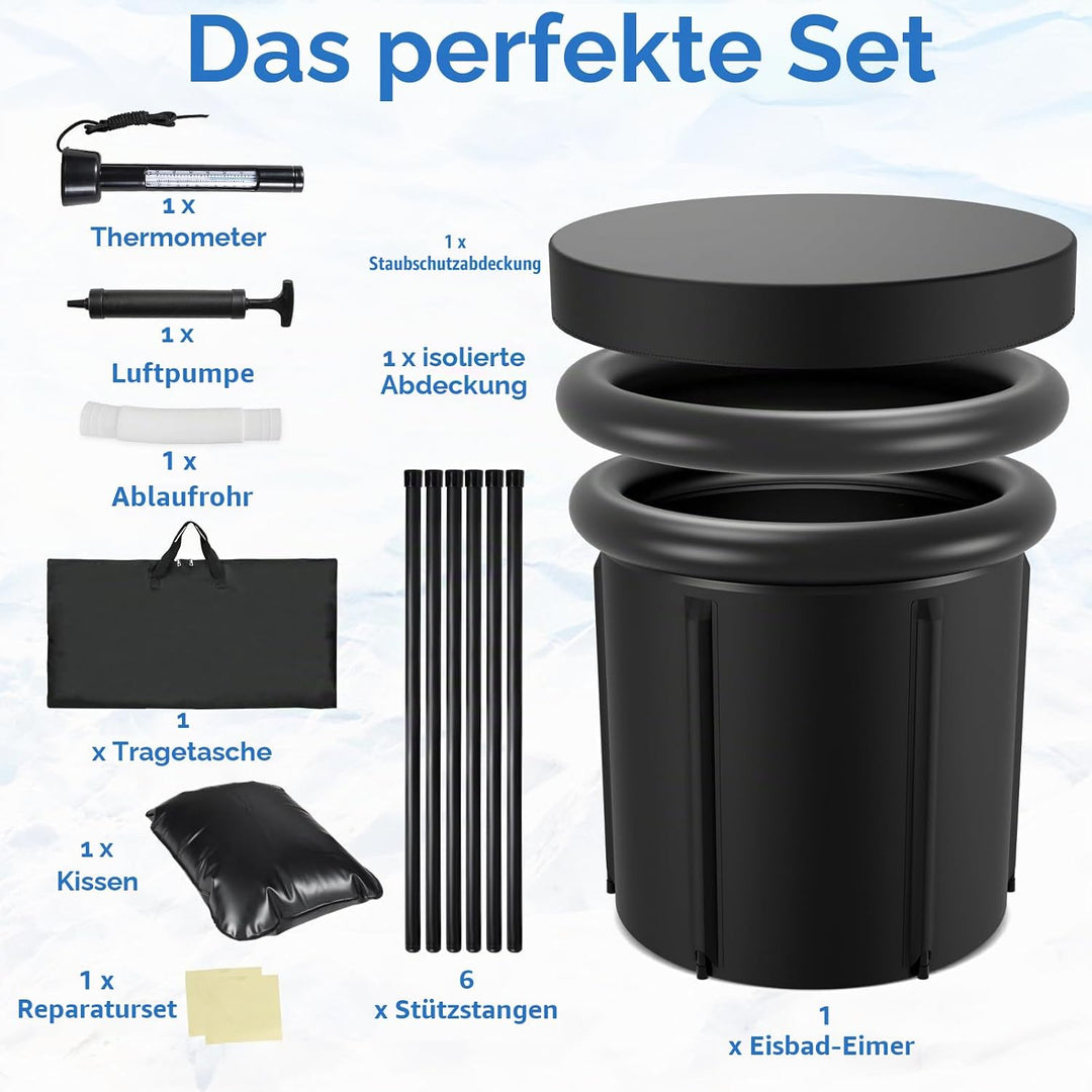 Eisbad Tonne 80 cm, Faltbare Badewanne 390L mit Abdeckung, Eisbaden zu Hause, Kältetherapie Set mit