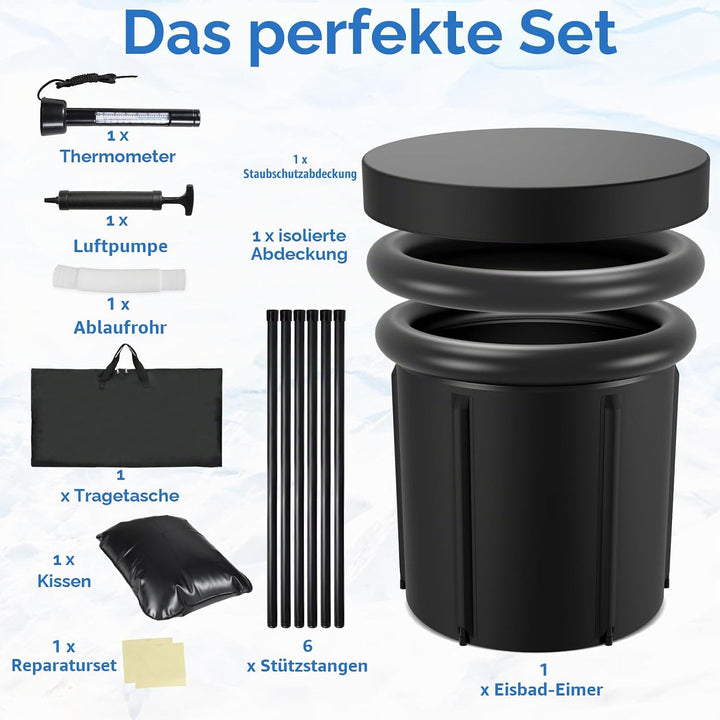 Eisbad Tonne 80 cm, Faltbare Badewanne 390L mit Abdeckung, Eisbaden zu Hause, Kältetherapie Set mit