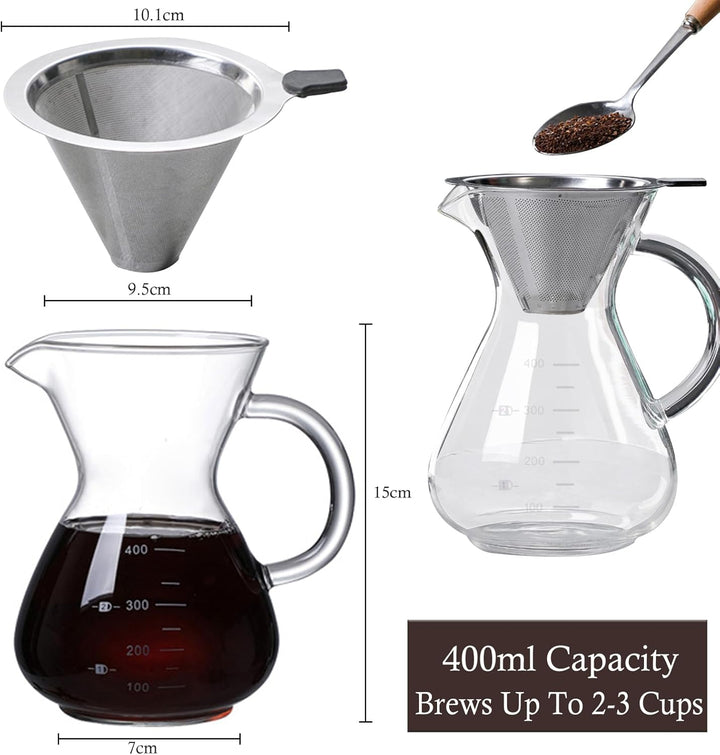 Ailelan Pour Over Kaffeebereiter, 400ml Glas Kaffeekanne mit Filter und Hitzebeständigem Griff, Pour