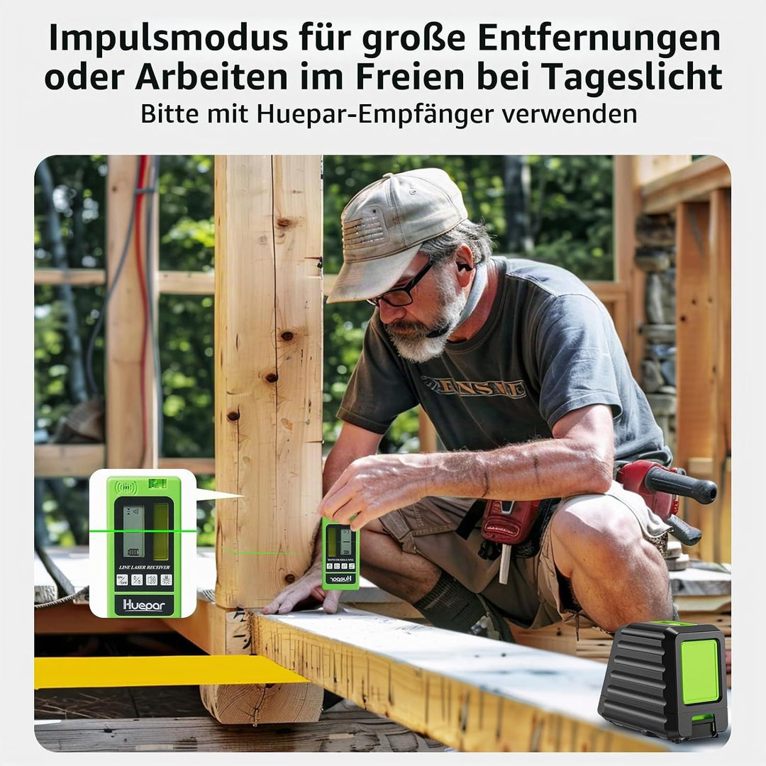 Huepar BOX-1G Kreuzlinienlaser Grün, Linienlaser Selbstnivellierenden mit Pulsfunktion, Umschaltbar