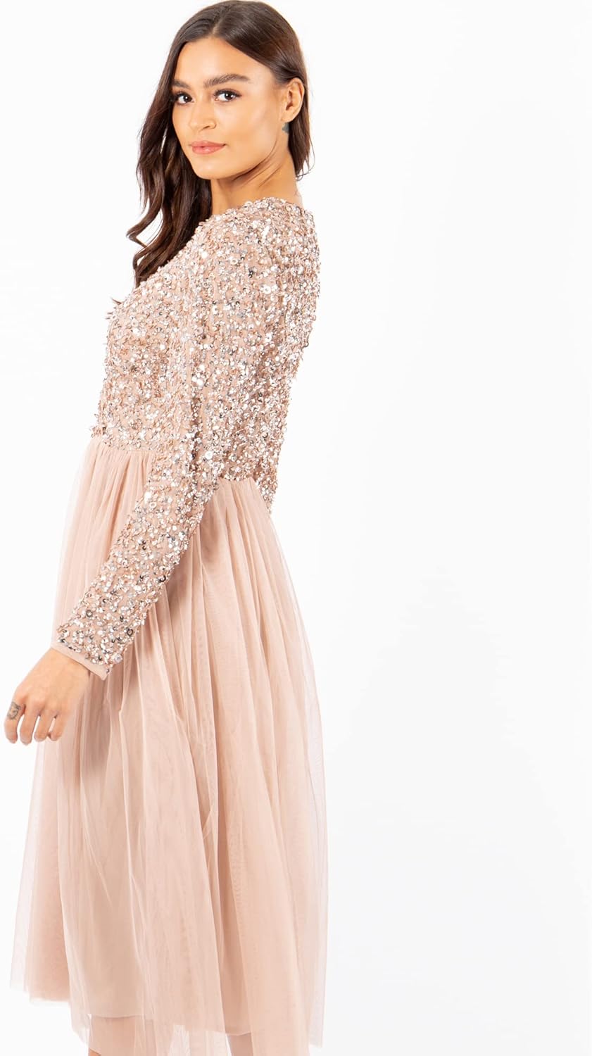 Maya Deluxe Midi Elegant Hochzeit Ärmel Tiefer V Ausschnitt Pailletten Cocktailkleid Abschlussball B