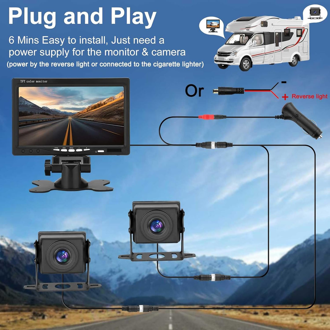 Dual Rückfahrkamera Set mit 7" HD Rear View Monitor, IP69 wasserdichte Nachtsicht Auto Backup-Kamera