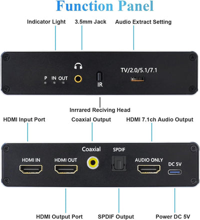 Tendak HDMI 2.1 Audio Extraktor, HDMI Audio Splitter 8K@60Hz HDMI zu HDMI/Optisch Spdif/Coaxial/3,5m