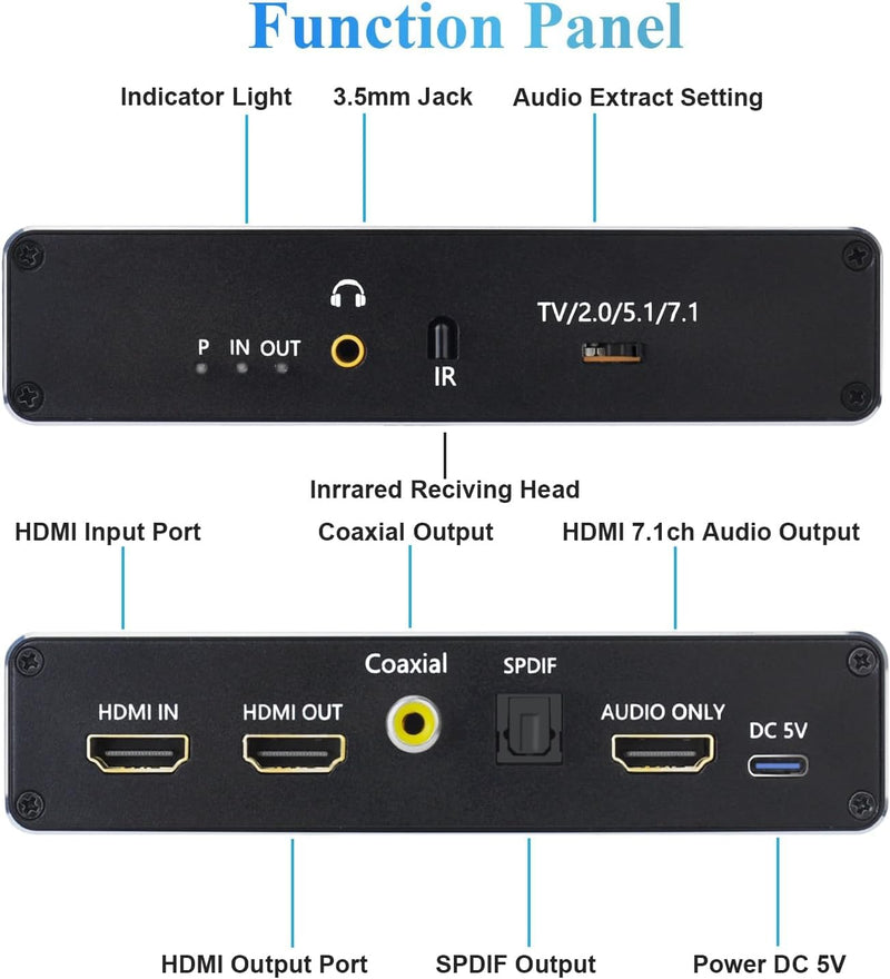 Tendak HDMI 2.1 Audio Extraktor, HDMI Audio Splitter 8K@60Hz HDMI zu HDMI/Optisch Spdif/Coaxial/3,5m