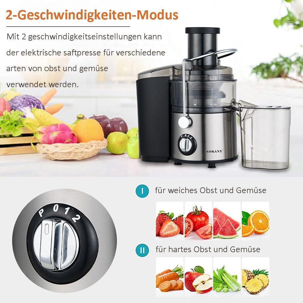 SOKANY 800W Entsafter Gemüse und Obst, Quick Juicer mit optimierter Saftausbeute, Grosse 65 mm Einfü