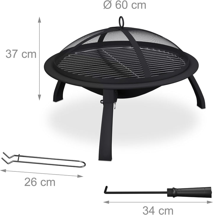 Relaxdays Feuerschale, Ø Schale 51 cm, klappbare Beine, Grillrost, Funkenschutz, Schürhaken, Feuerst