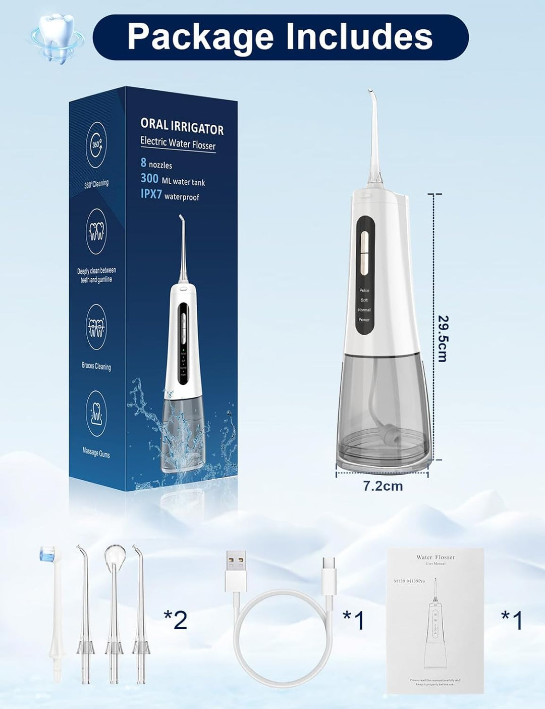 Munddusche Testsieger 2026 mit 300ML Wassertank, 4 Modi Water Flosser Kabellose Zahnreinigung, IPX7