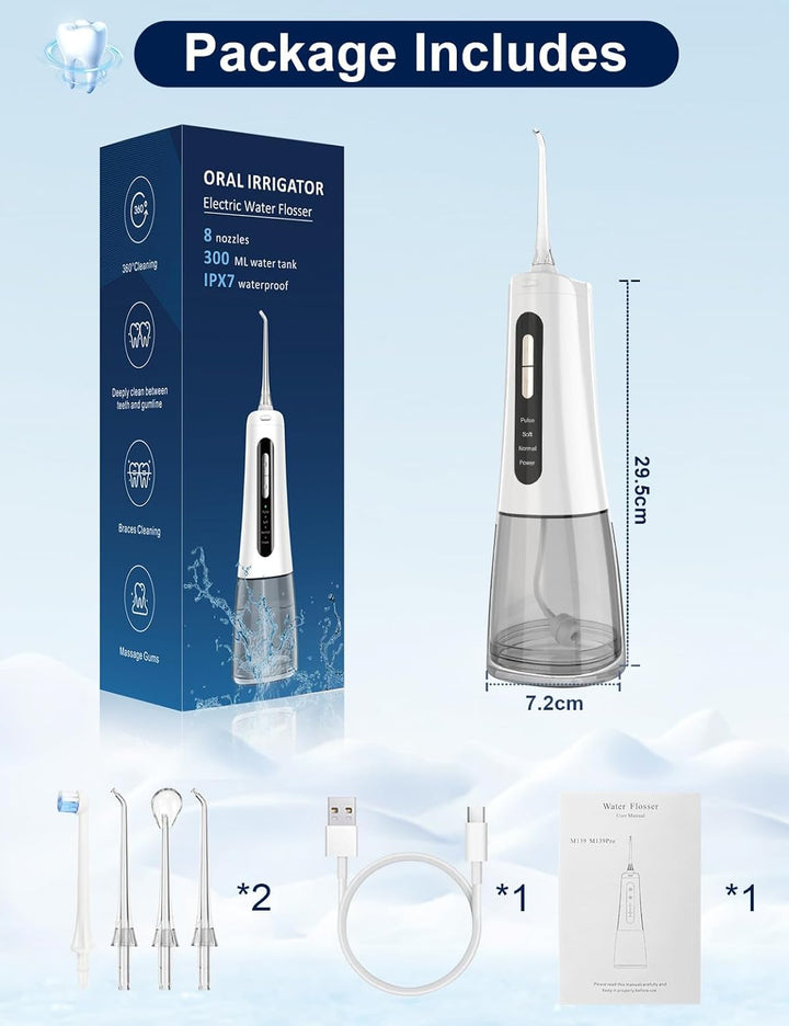 Munddusche Testsieger 2026 mit 300ML Wassertank, 4 Modi Water Flosser Kabellose Zahnreinigung, IPX7