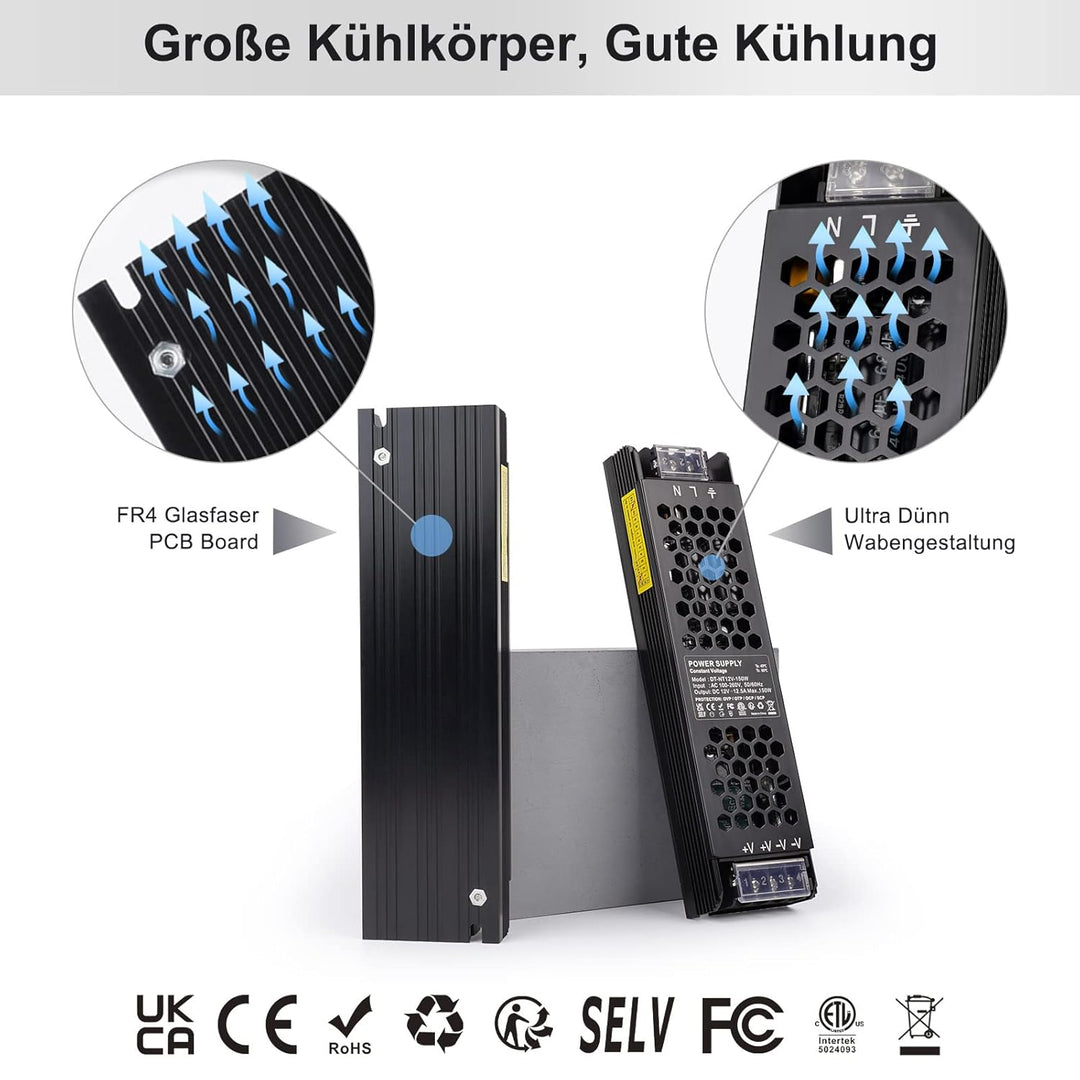 REYLAX LED Trafo 12V 150W Trafo 230V auf 12V 12.5A Treiber Gleichstrom LED Netzteil Flach Niedervolt