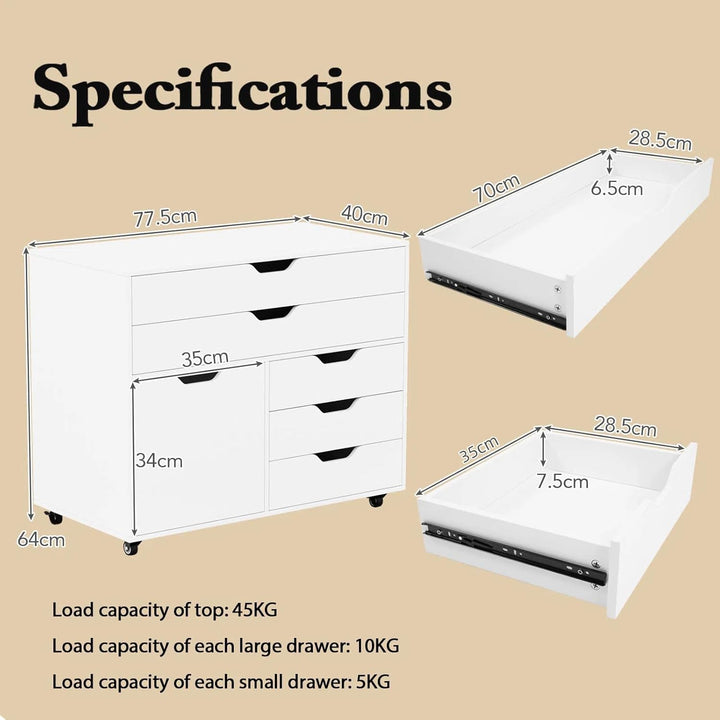 KOMFOTTEU Aktenschrank mit Rollen, Bürocontainer mit 5 Schubladen & 1 Schrank, Rollcontainer Schubla