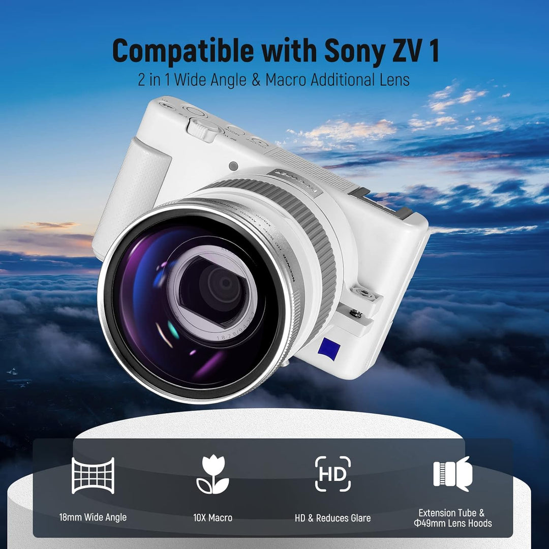 NEEWER Weitwinkelobjektiv kompatibel mit Sony ZV1 Kamera, 2 in 1 18mm HD Weitwinkel und 10 Fach Makr