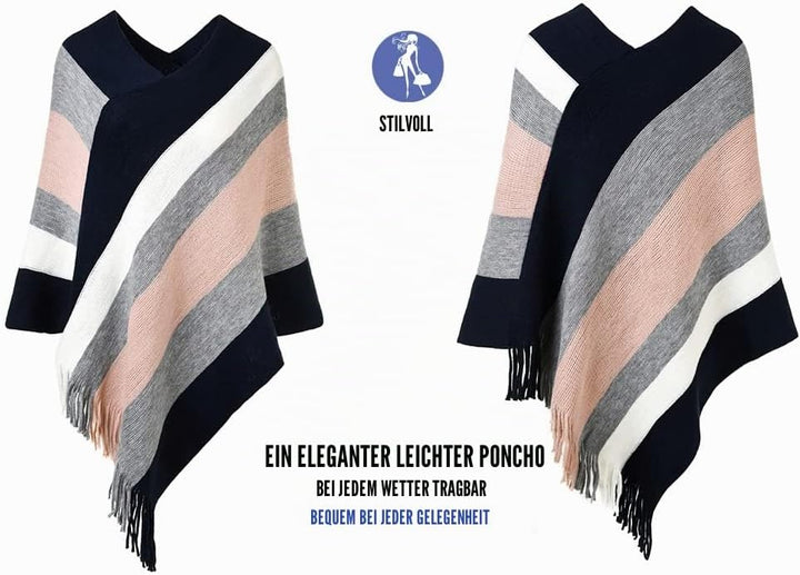 Ferand Damen Gestreifter Poncho Pullover Vielseitiger Schal zum Wickeln mit Fransen für Herbst und W