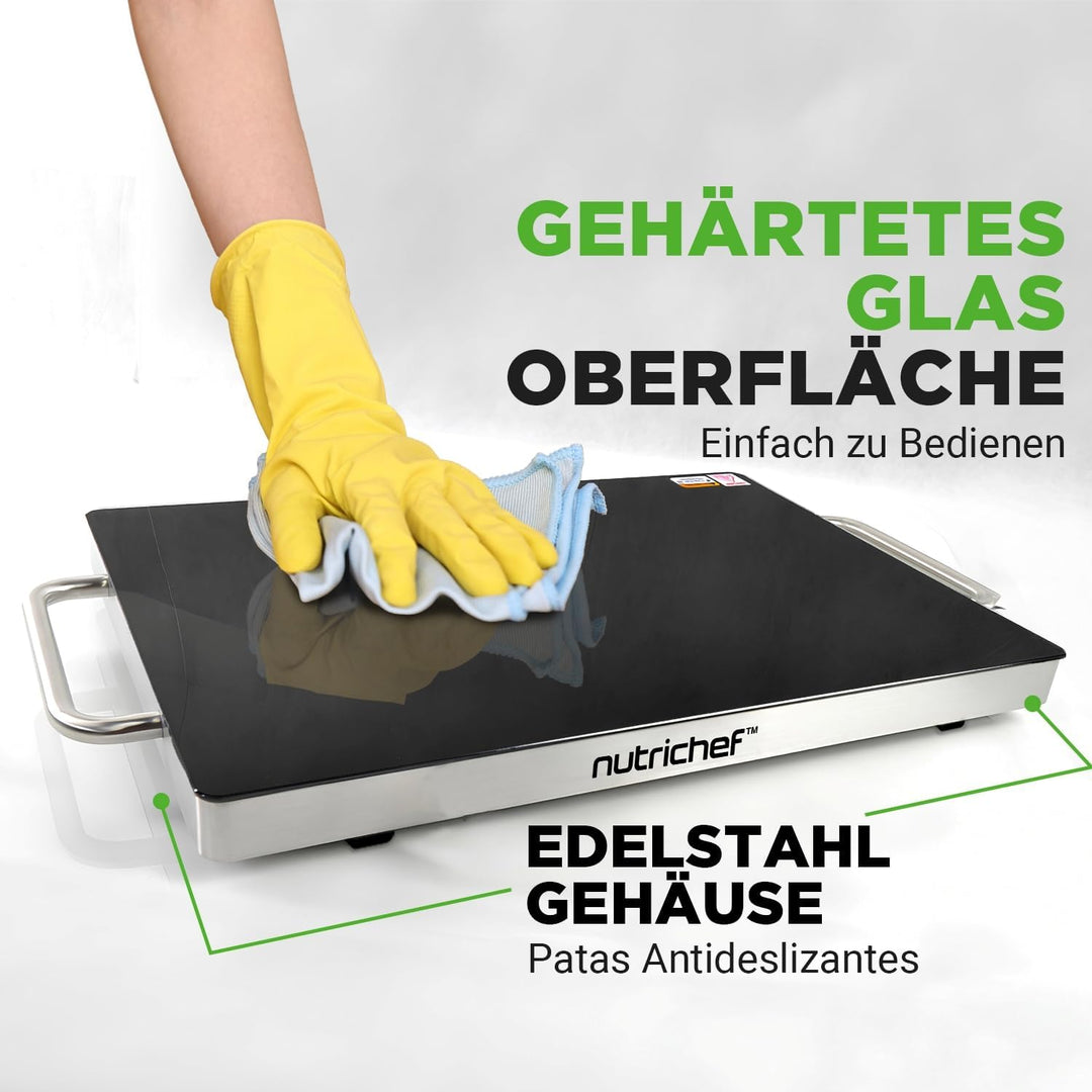 NutriChef Warmhalteplatte Elektrisch – 41,9 x 27,9 cm Glas-Kochplatte mit Griffen für Speisen, Für B