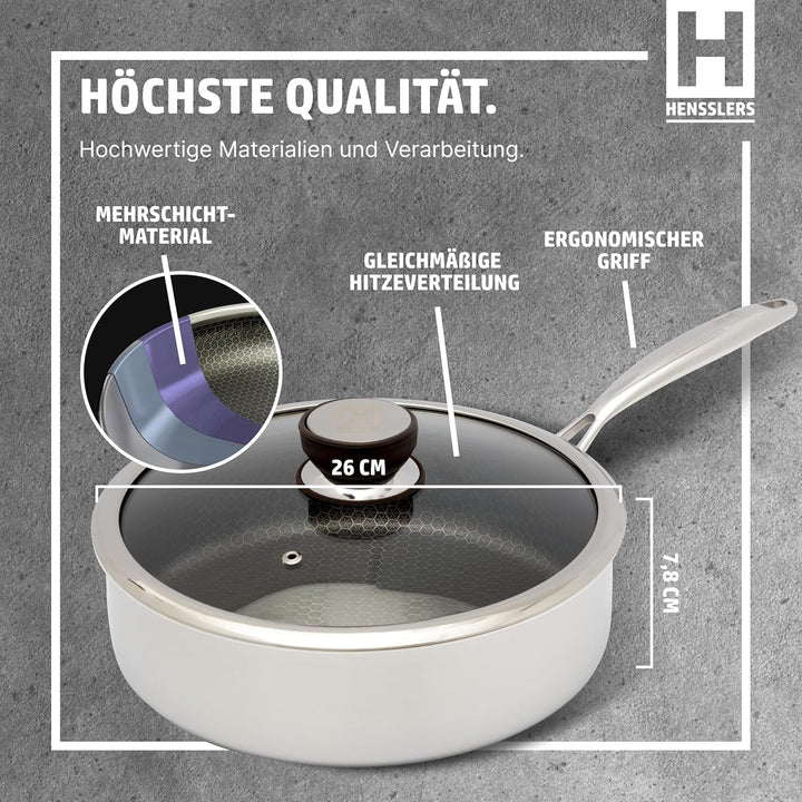 HENSSLERS® Sautepfanne 26cm mit Deckel [FÜR ALLE HERDARTEN INKL. INDUKTION] - Sauteuse Edelstahl - P