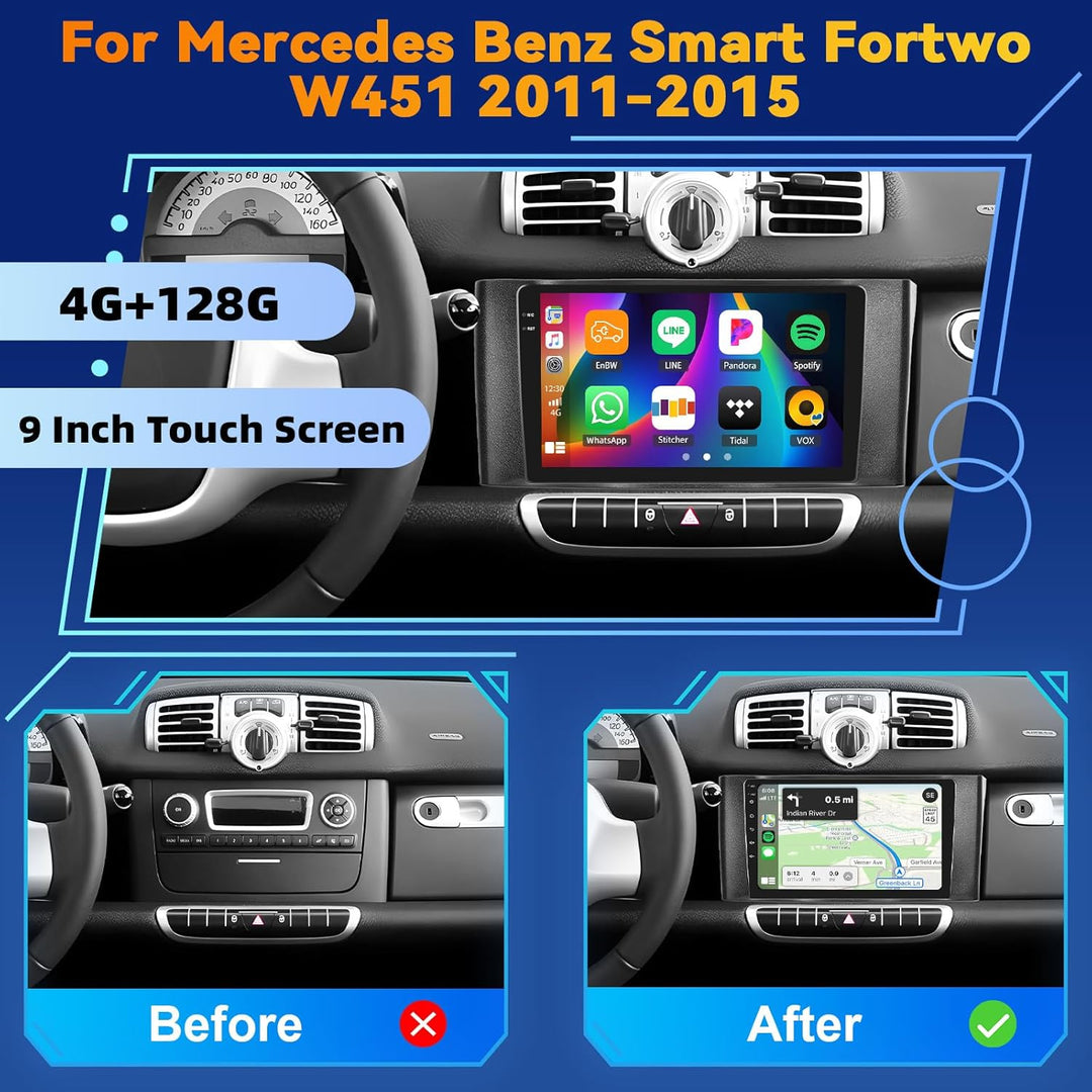 Android 15, 4G+128G CAMECHO Autoradio für Mercedes Benz Smart Fortwo W451 2011-2015 mit Carplay Andr