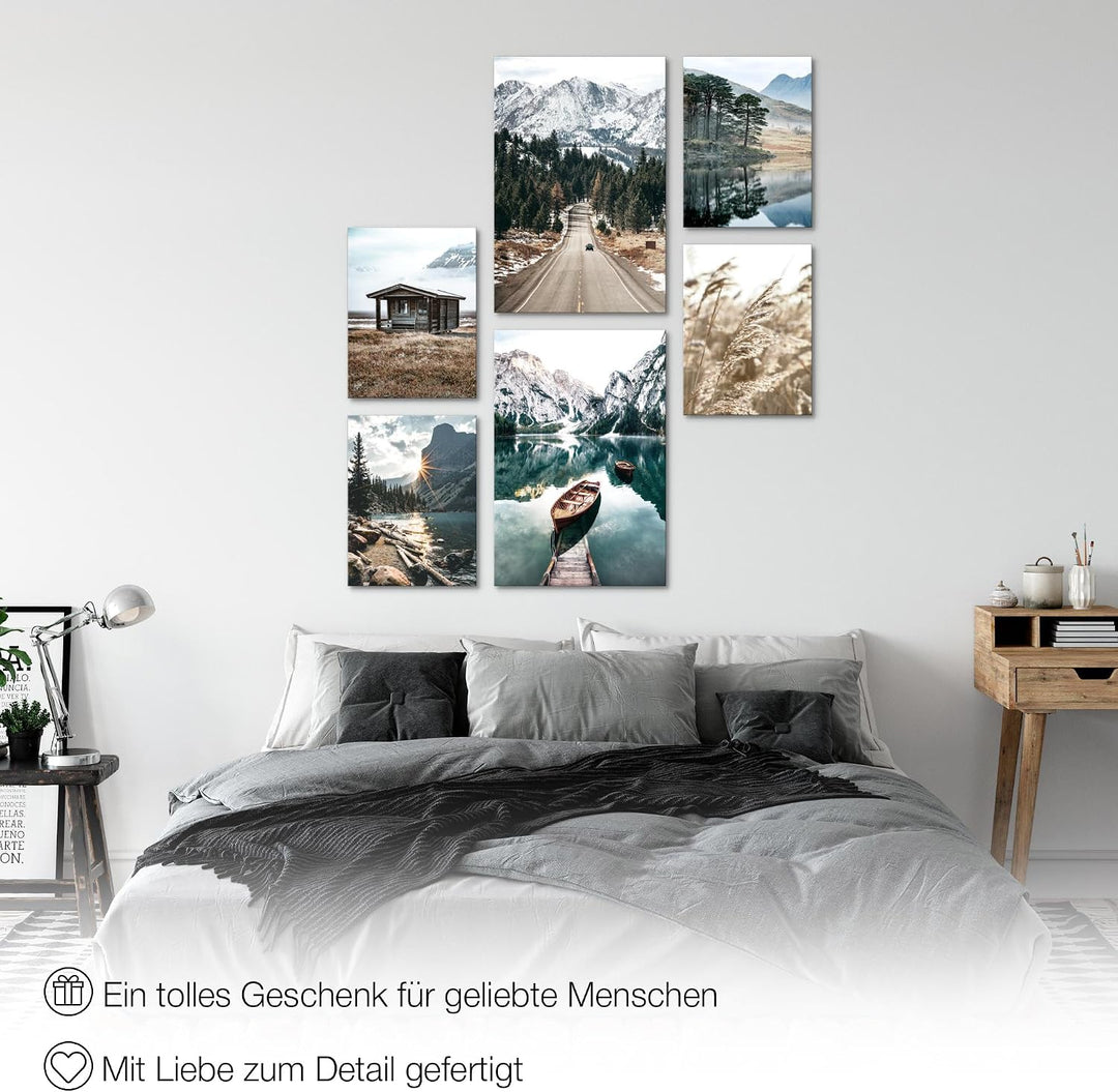 Novart Wandbilder Set See Berge Landschaft Natur - KEIN EXTRA RAHMEN BENÖTIGT - Modern Deko - Wohnzi