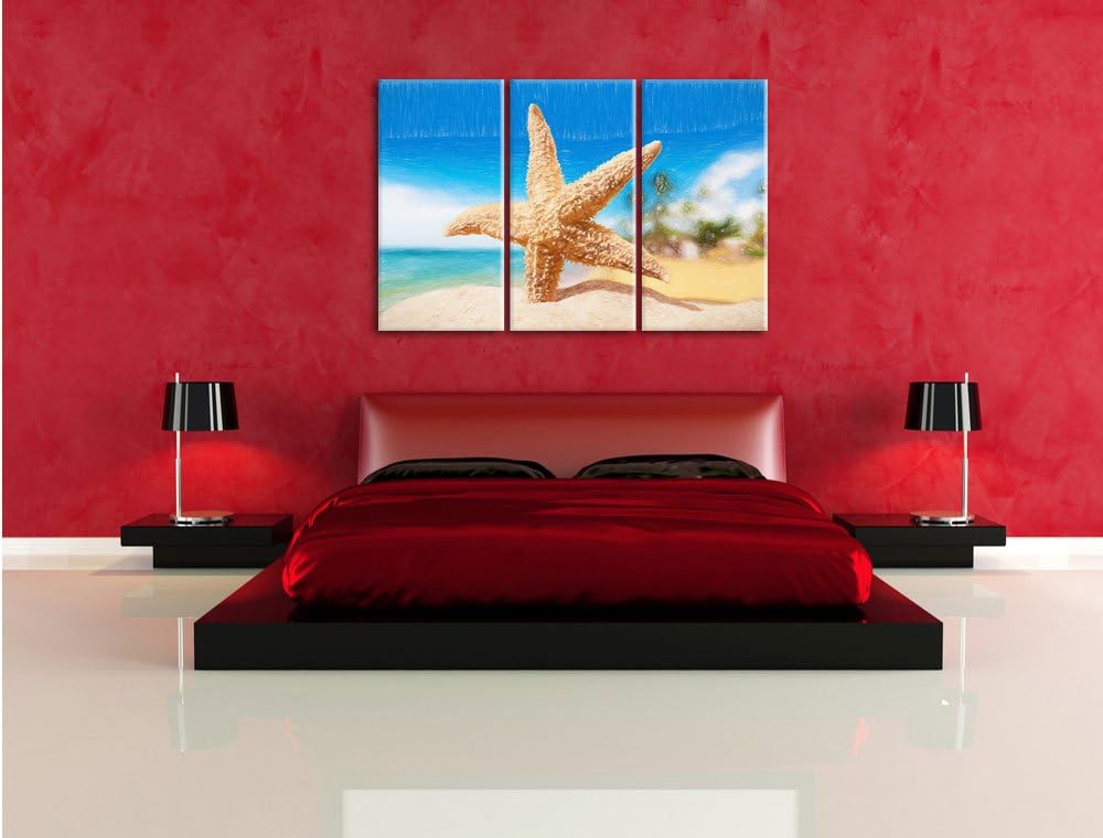 Pixxprint Seestern im Sandstrand von Palm Beach Kunst Buntstift Effekt 3-Teiler Leinwandbild 120x80