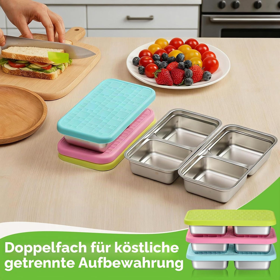 3-Stück Snackbehälter mit Doppelfächern, Edelstahl Lebensmittelbehälter, 20,3x10,9x4,1cm, Auslaufsic