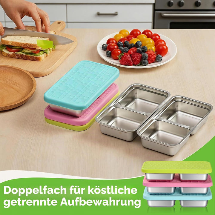3-Stück Snackbehälter mit Doppelfächern, Edelstahl Lebensmittelbehälter, 20,3x10,9x4,1cm, Auslaufsic
