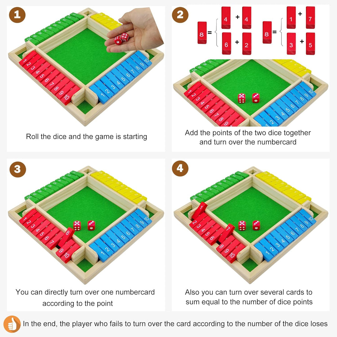 Shut The Box Spiel 4-Spieler, Holz Brettspiel Holz Mathematik Traditional Pub Board Würfelspiel Reis